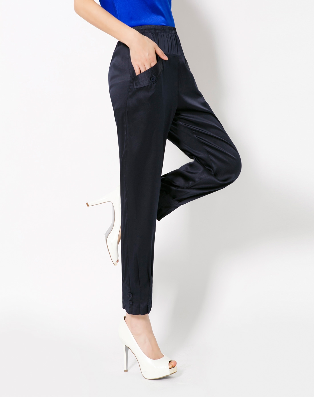 真丝藏青九分灯笼裤