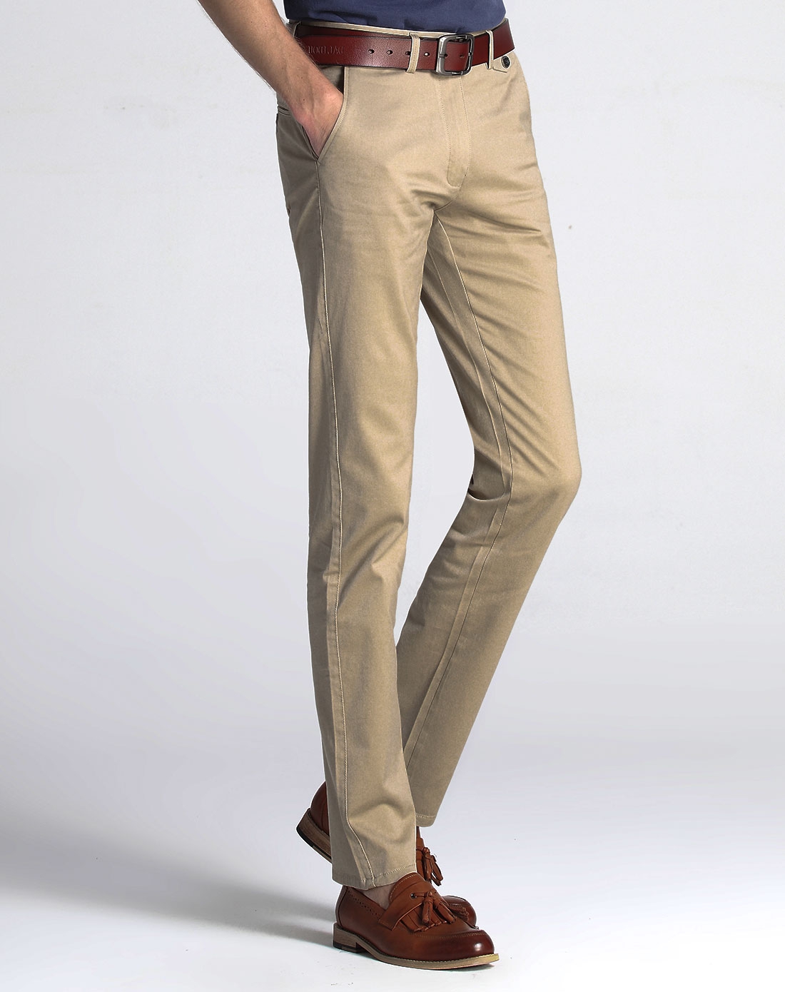 浅卡其色纯棉微弹休闲长裤