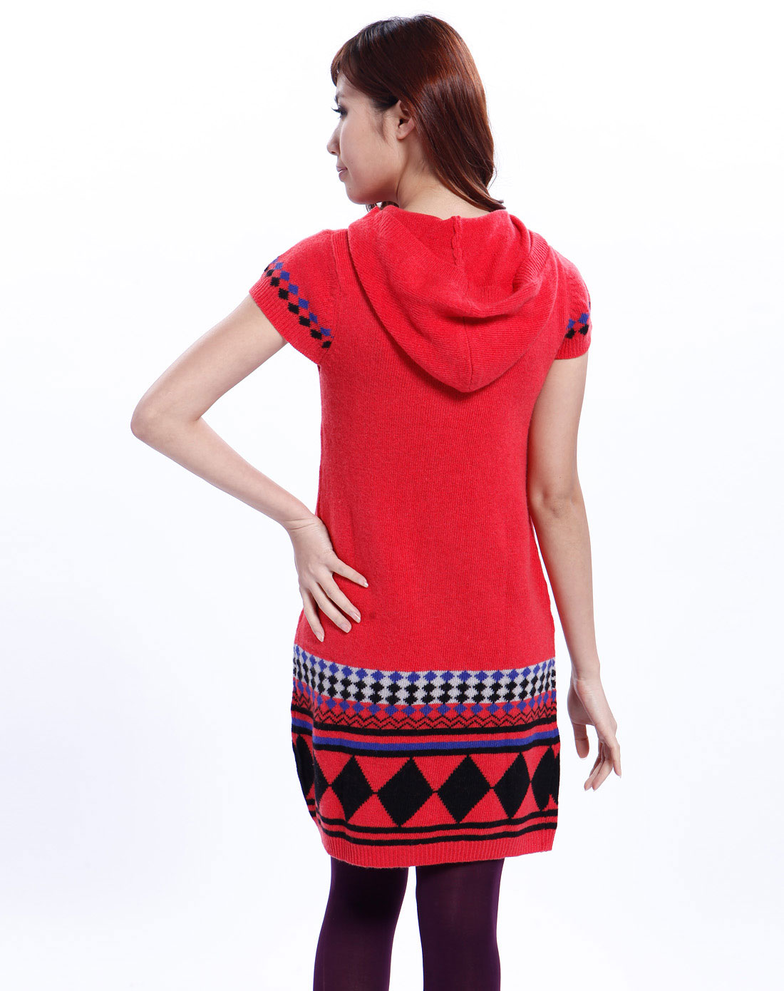 土红色短袖毛衣连衣裙