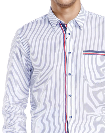 威斯康尼vskonne 个性白底蓝色条纹长袖衬衫