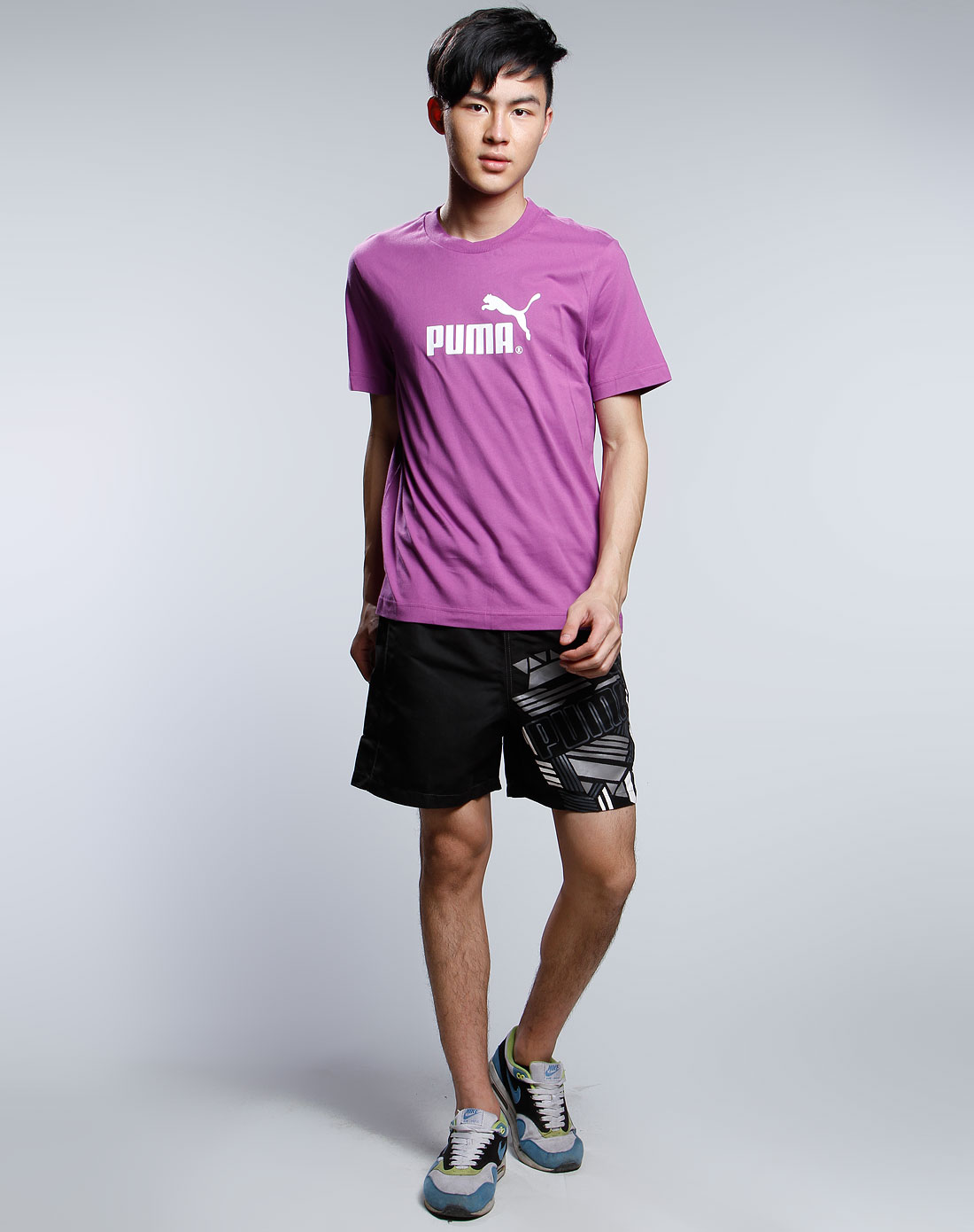 彪马puma男装专场-紫/白色logo印花休闲短袖t恤