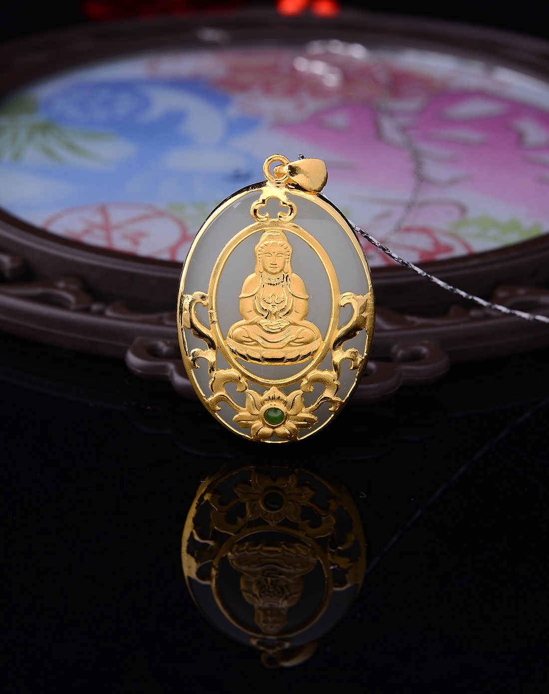 千足金金镶和田玉如意观音吊坠