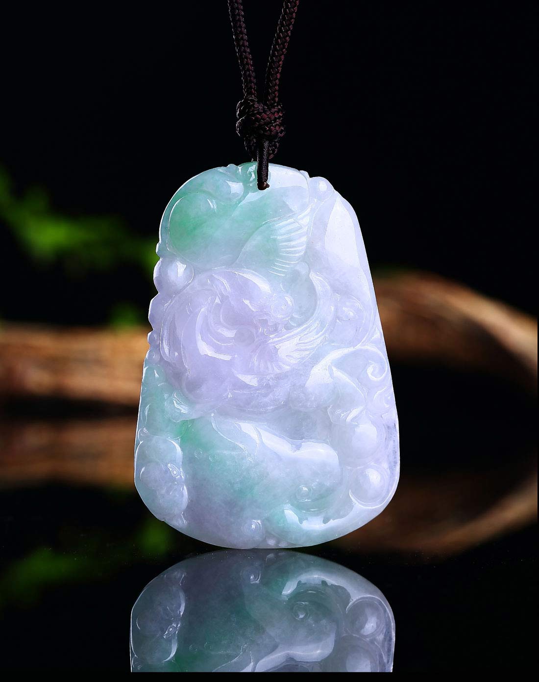 极品特色精雕大件冰种紫加绿瑞兽如意吊坠