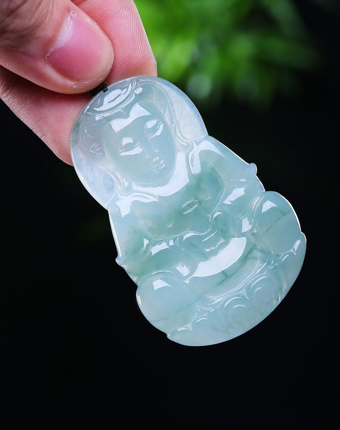 大师级精雕极品冰糯种飘蓝花大件观音吊坠