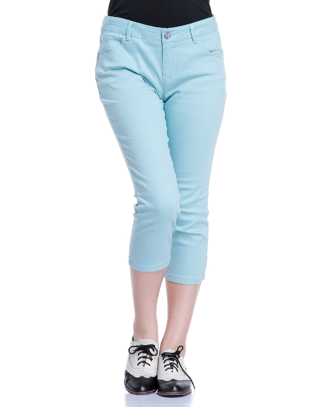 绣彩线葱青色中腰牛仔中裤