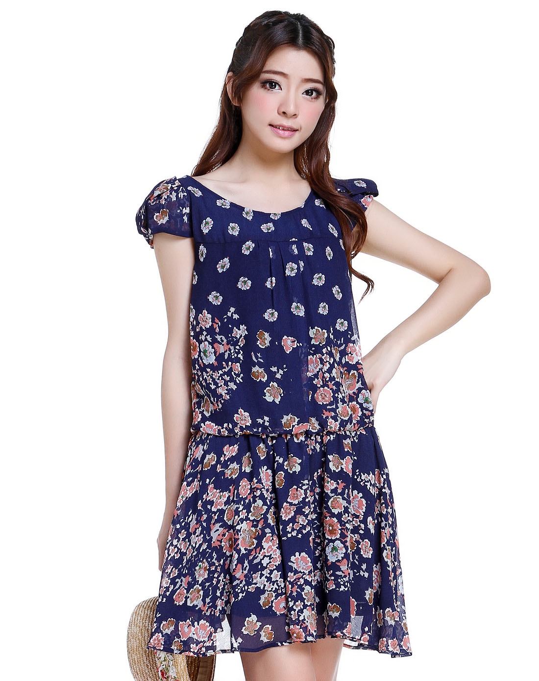 碎花藏青色短袖雪纺连衣裙