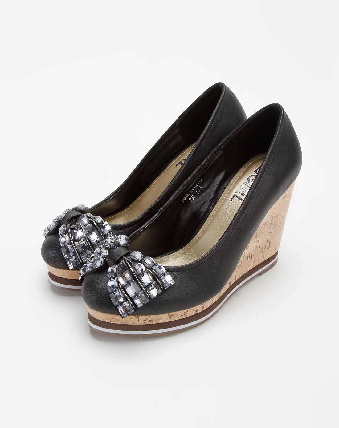 女款黑色时尚系列浅口水钻蝴蝶结坡跟鞋