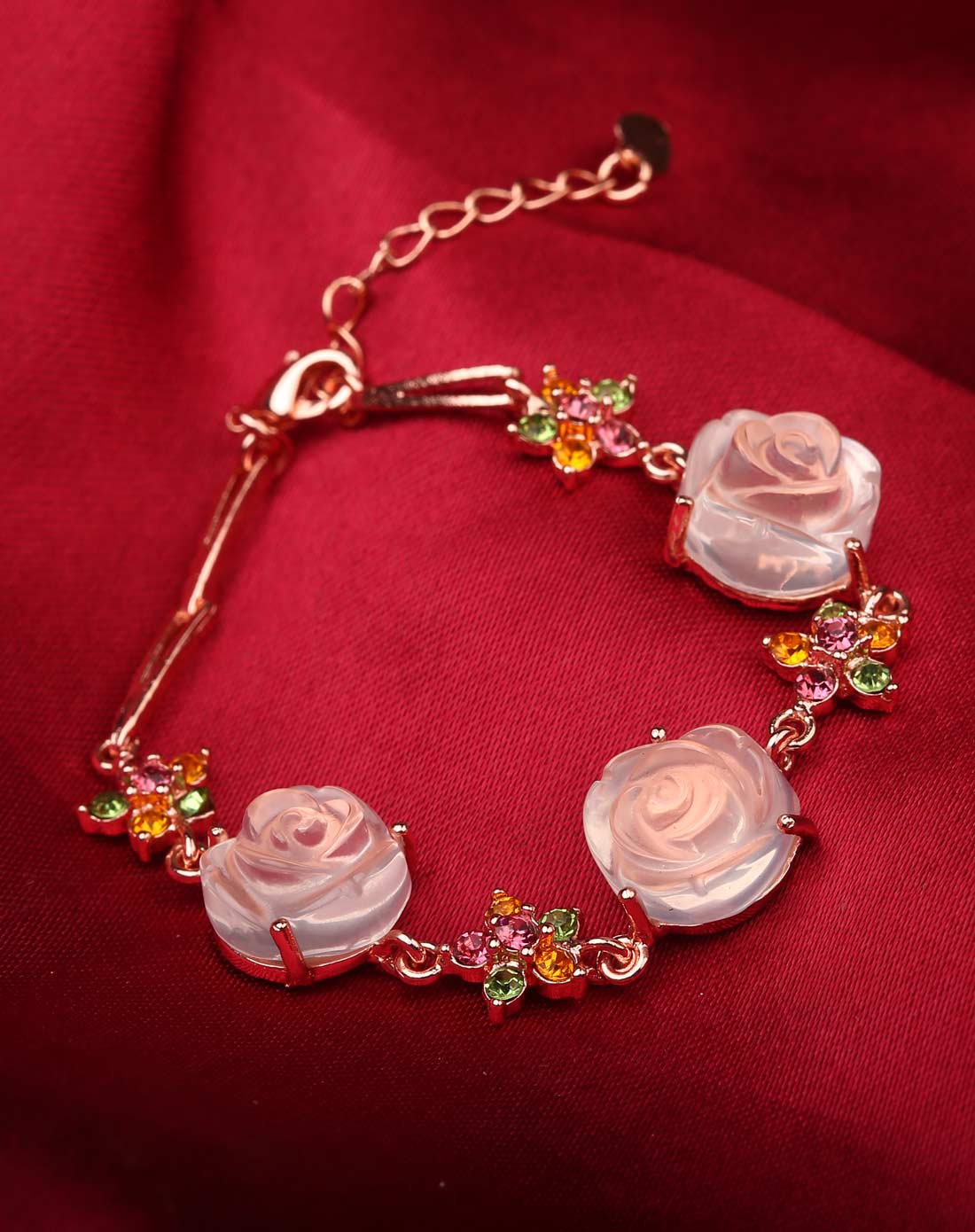 天然粉水晶玫瑰花镶嵌手链