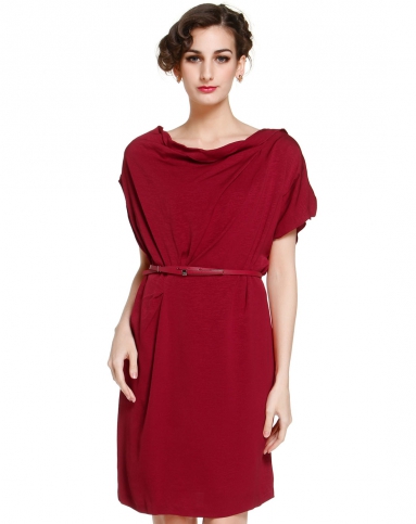 深红色修身优雅蝙蝠袖连衣裙