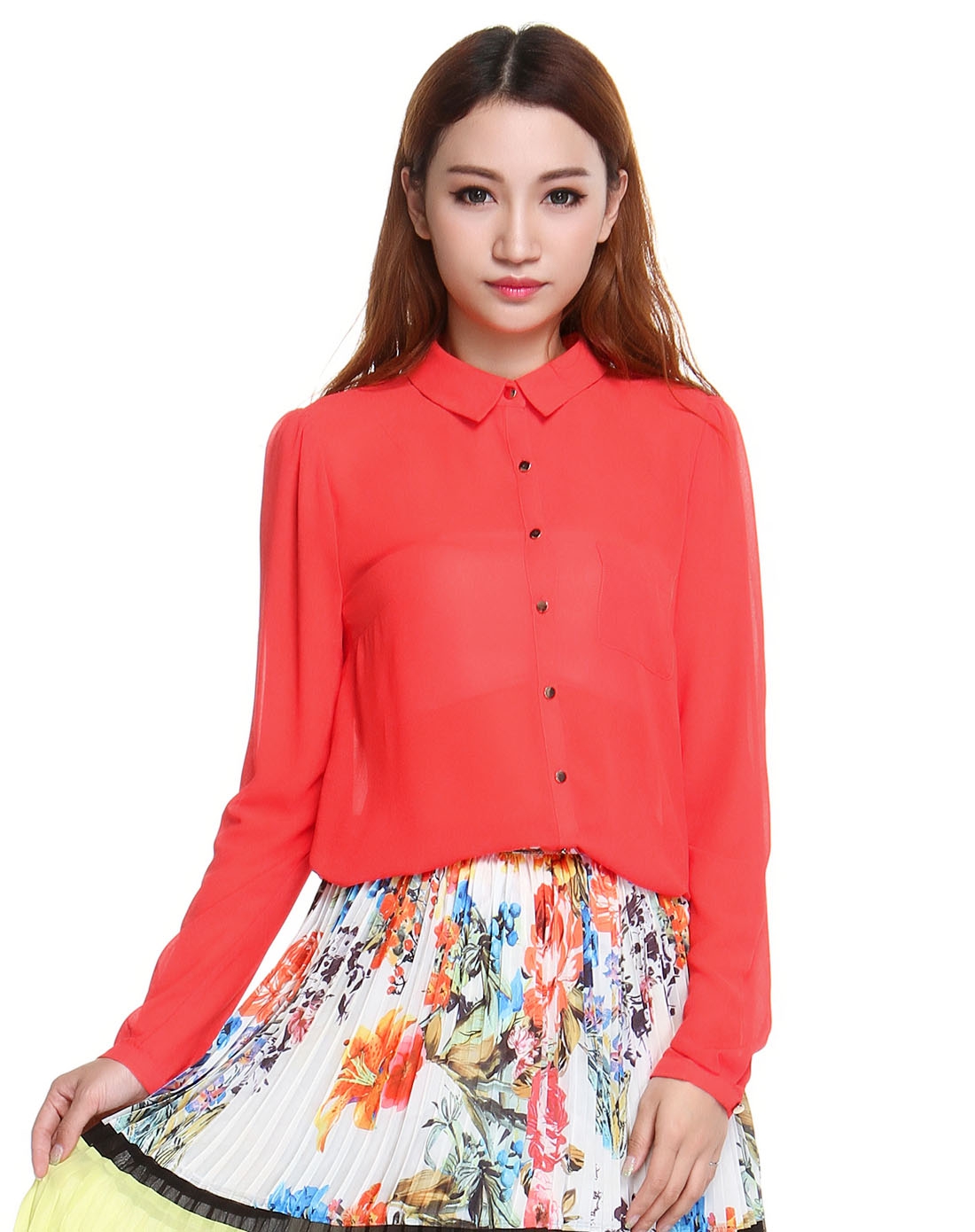 宽松橘红色长袖衬衫