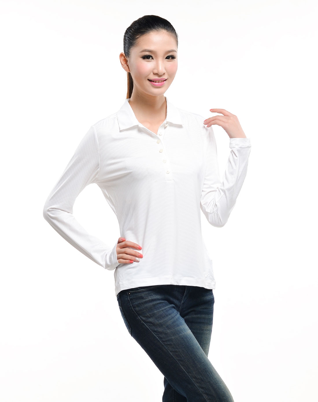 女子白色长袖polo衫