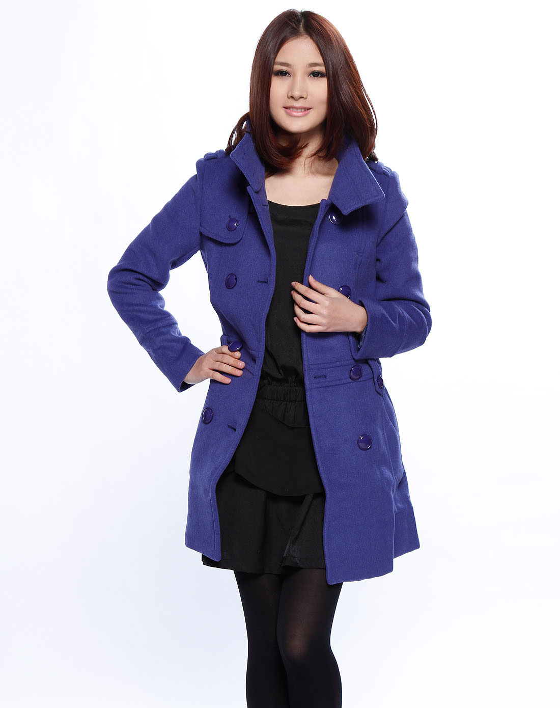女款蓝紫色双排扣立领长袖外套