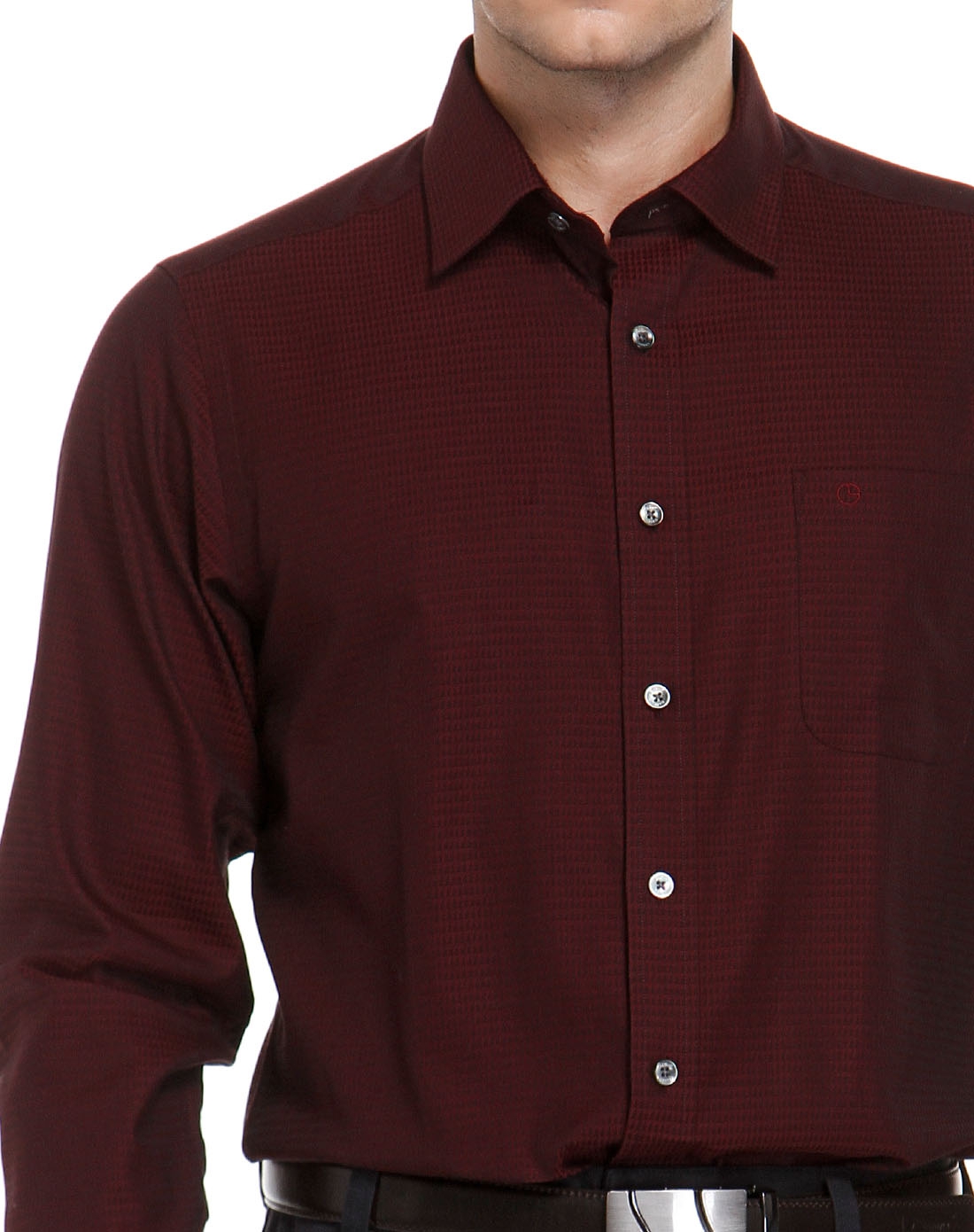 枣红色翻领商务印纹长袖衬衫