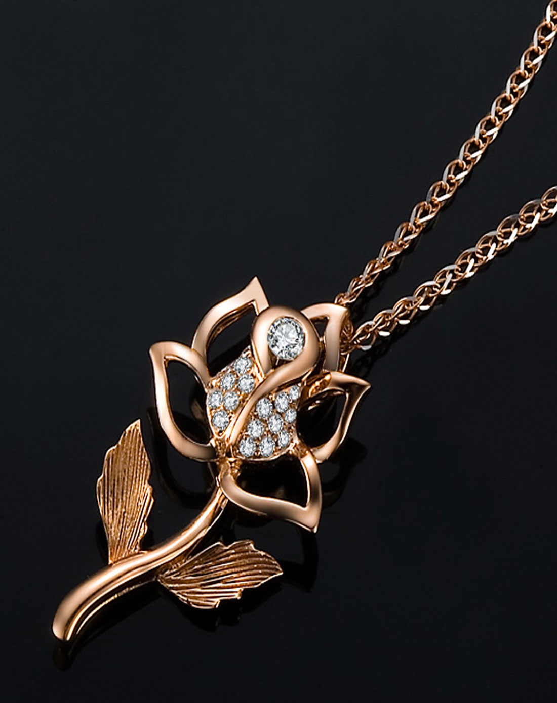 玫瑰18k金共10分钻石吊坠-玫瑰