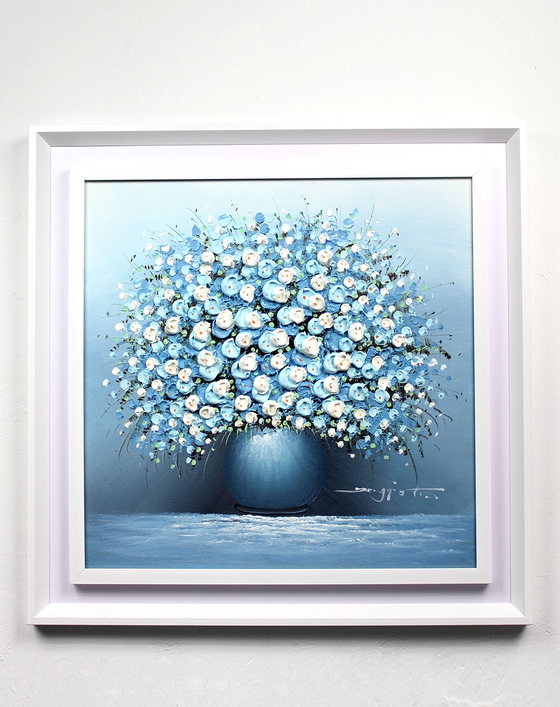 高档手绘油画装饰画写意花瓶天蓝色yh-1001