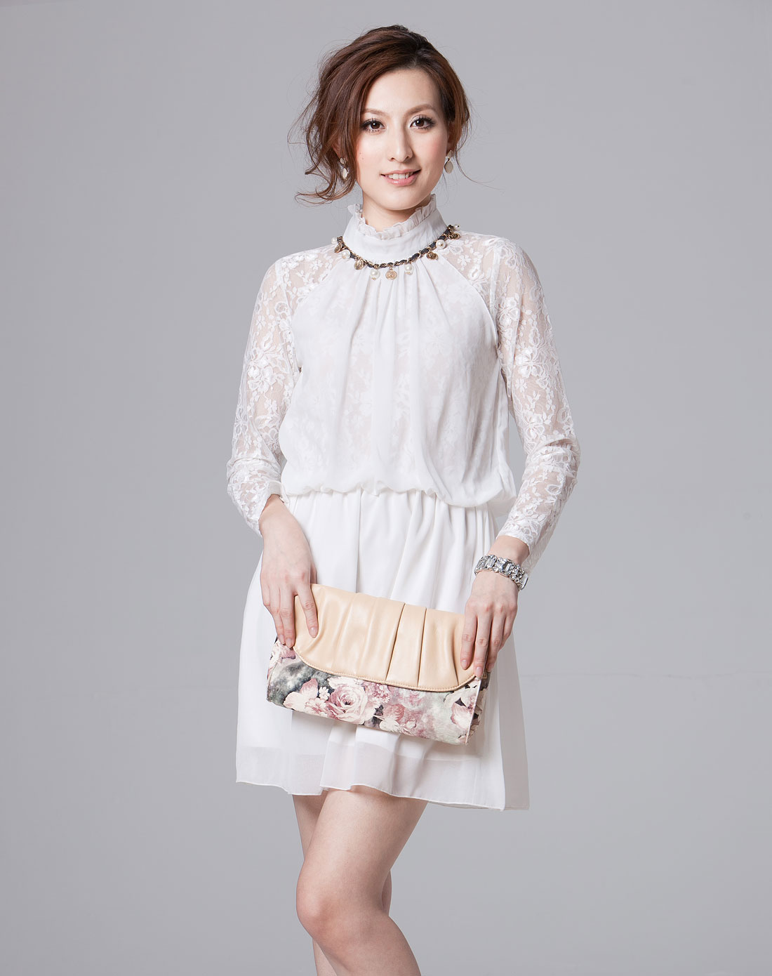 公主领蕾丝雪纺长袖连衣裙