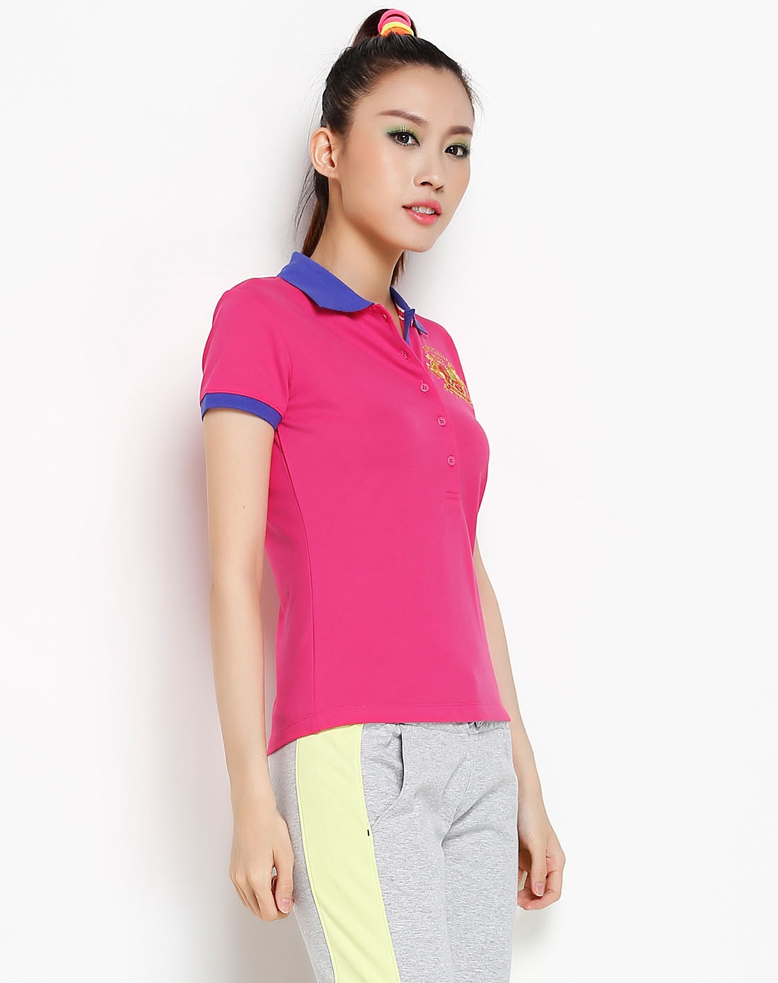 卡帕kappa女士运动专场-女款riding桃红色绣图短袖polo衫