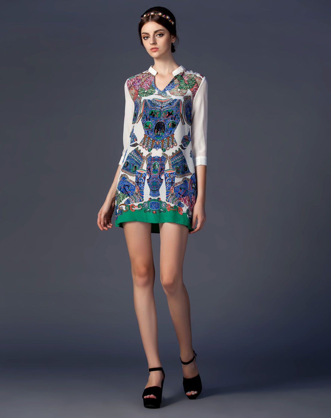 lux白色古典服饰图案连衣裙02948wt01_唯品会