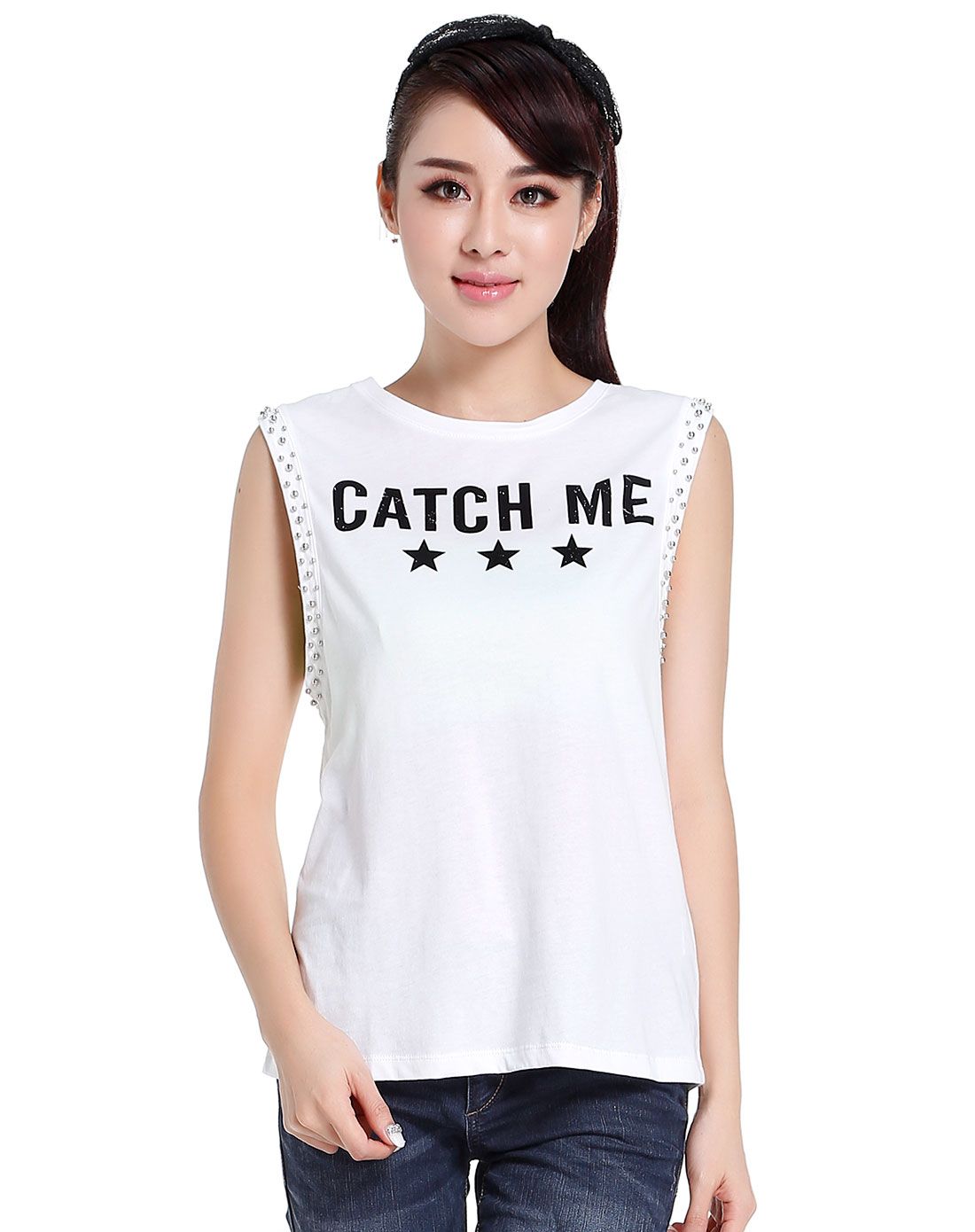 装饰印字白色无袖t恤