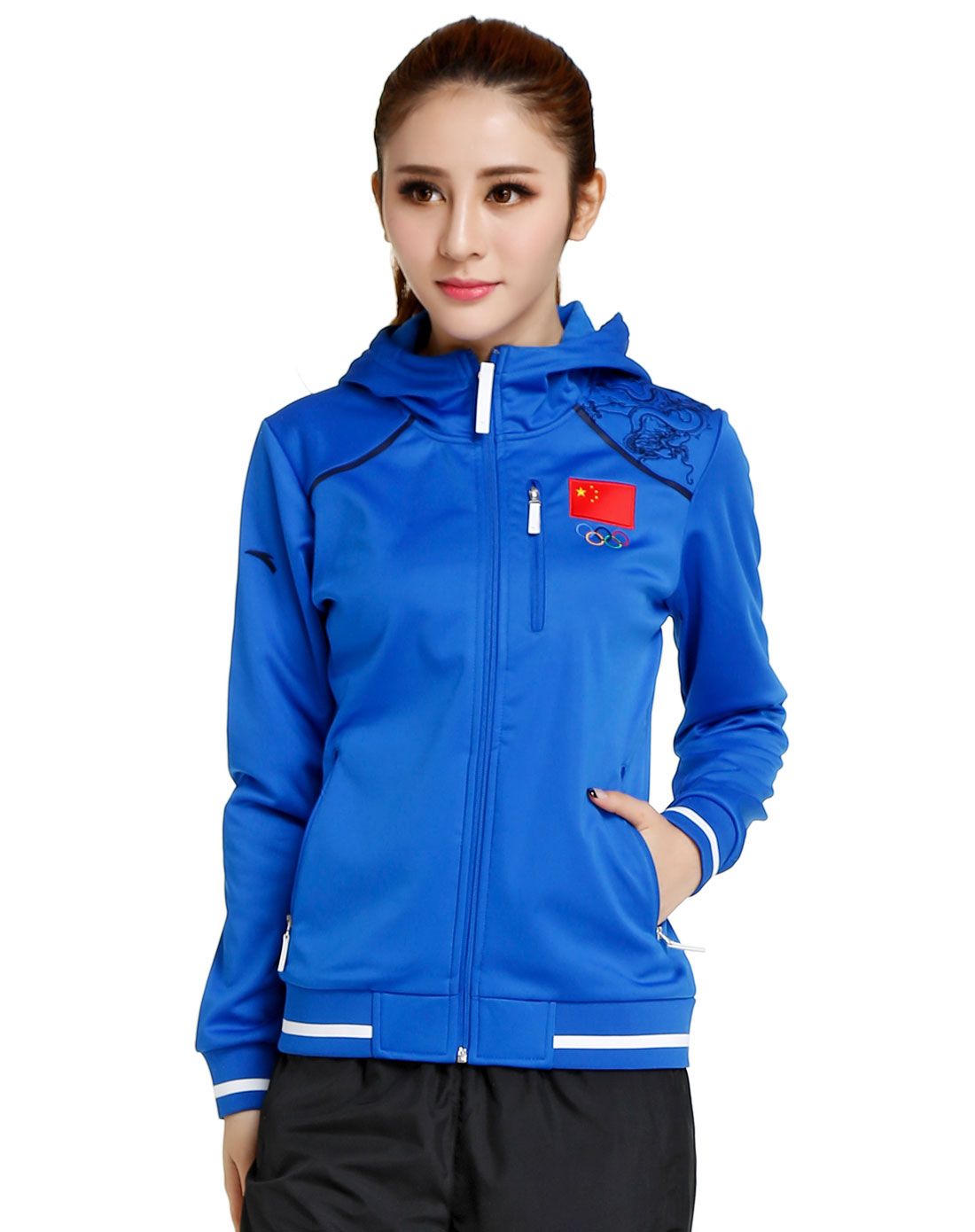 女款海军蓝色连帽长袖外套 中国奥运风