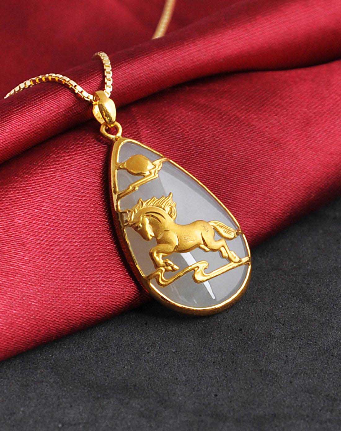 千足金和田玉吊坠-玉堂金马(赠送金色银链)
