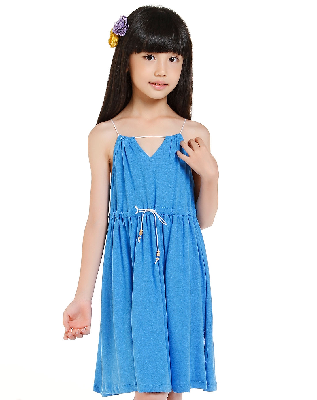 女童可爱舒适天蓝色吊带连衣裙