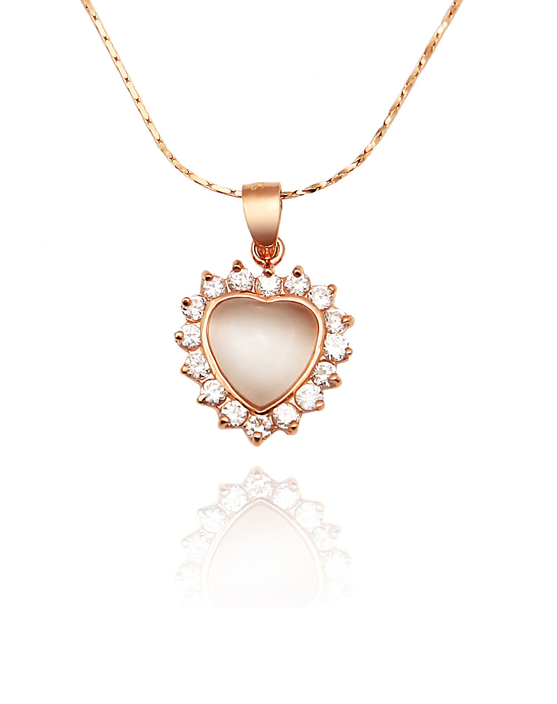925银镀玫瑰金围钻猫眼石桃心吊坠