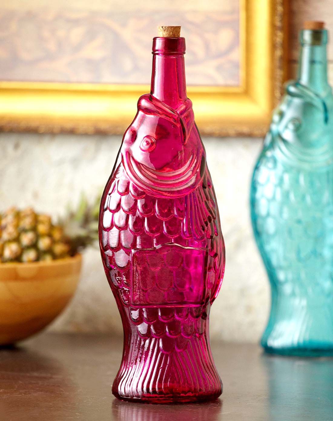 > 【西班牙进口】1000ml环保玻璃立体雕刻鱼型木塞油瓶-玫红
