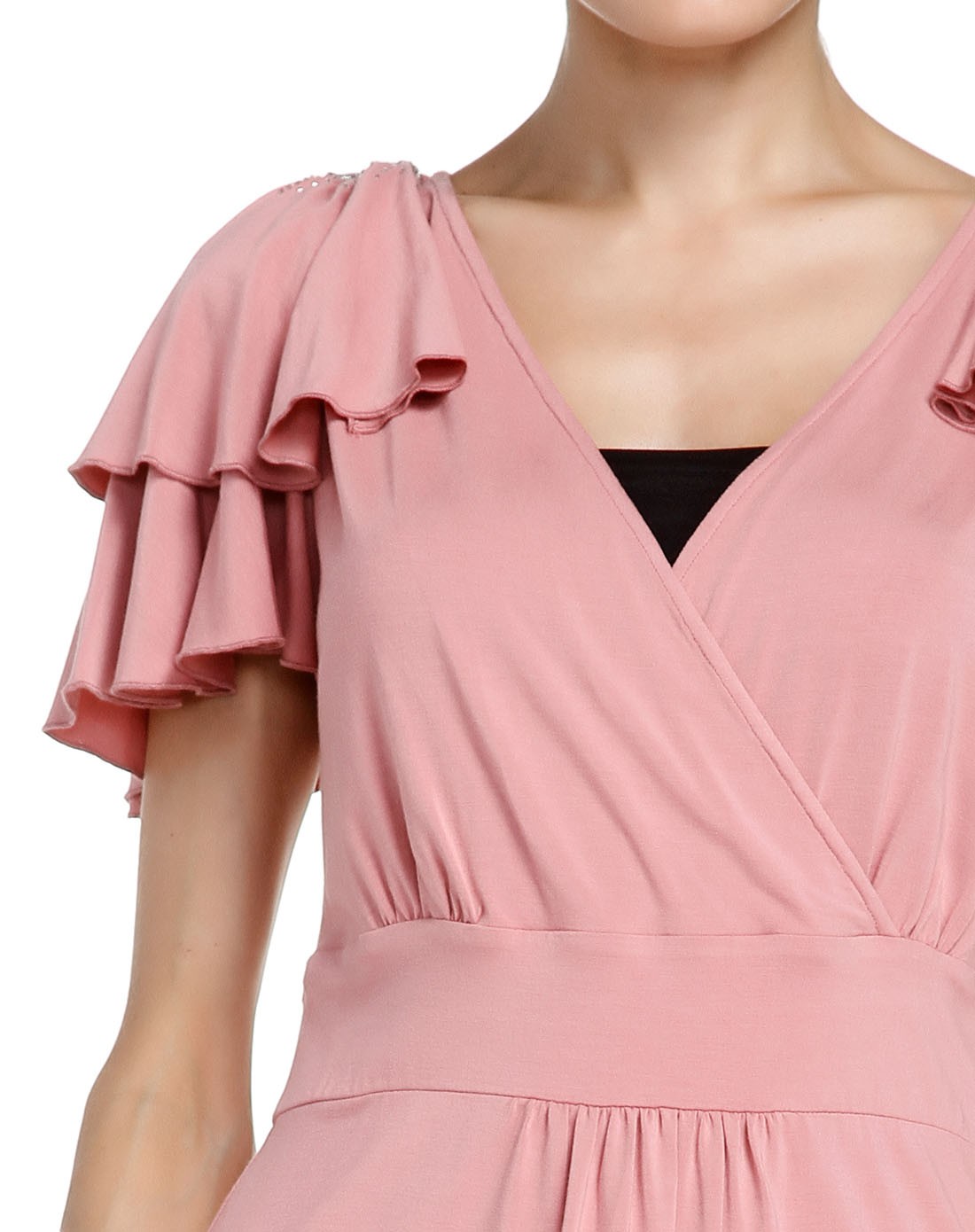 气质百搭钉珠藕粉色短袖上衣