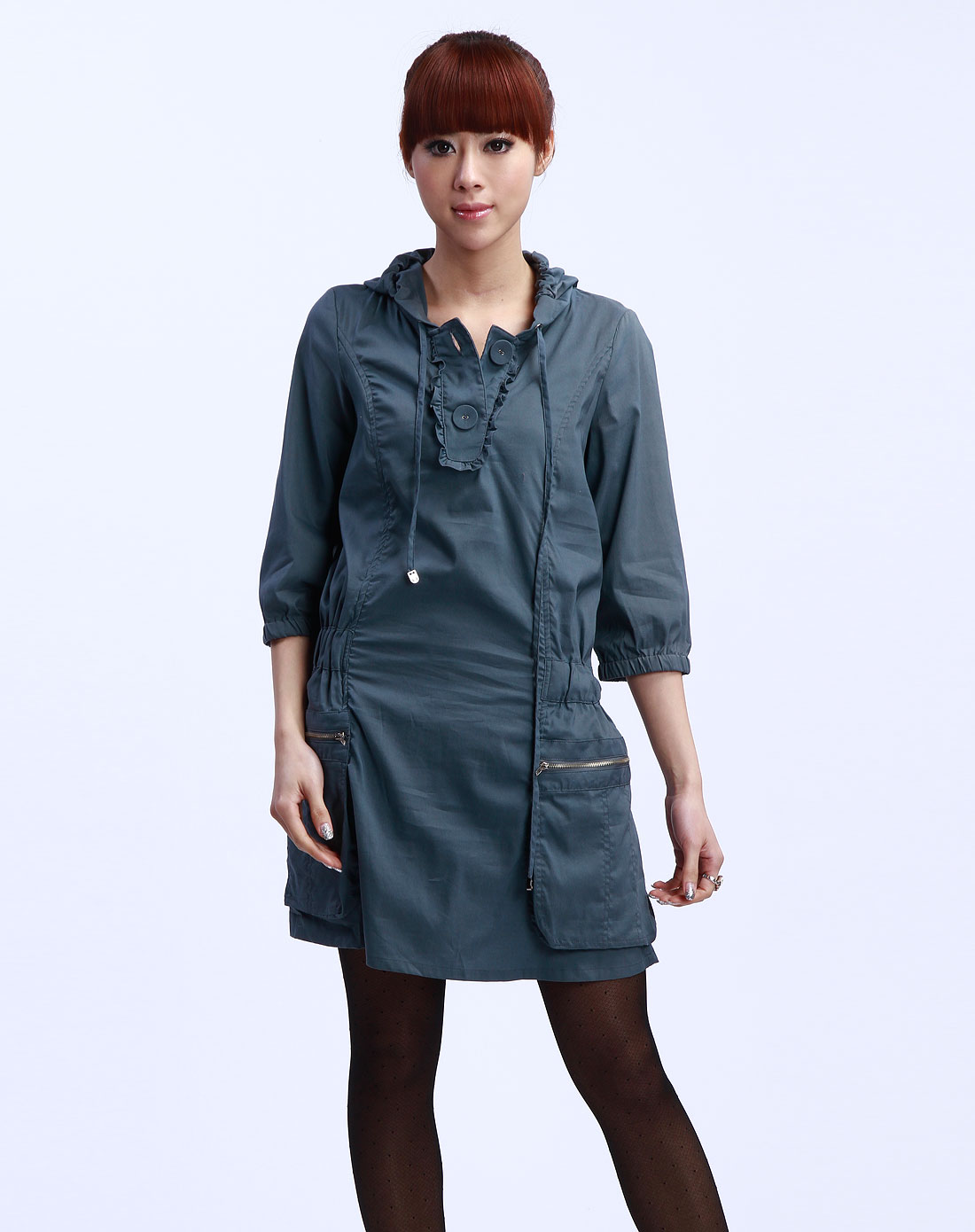 深灰蓝色中袖连帽长款上衣