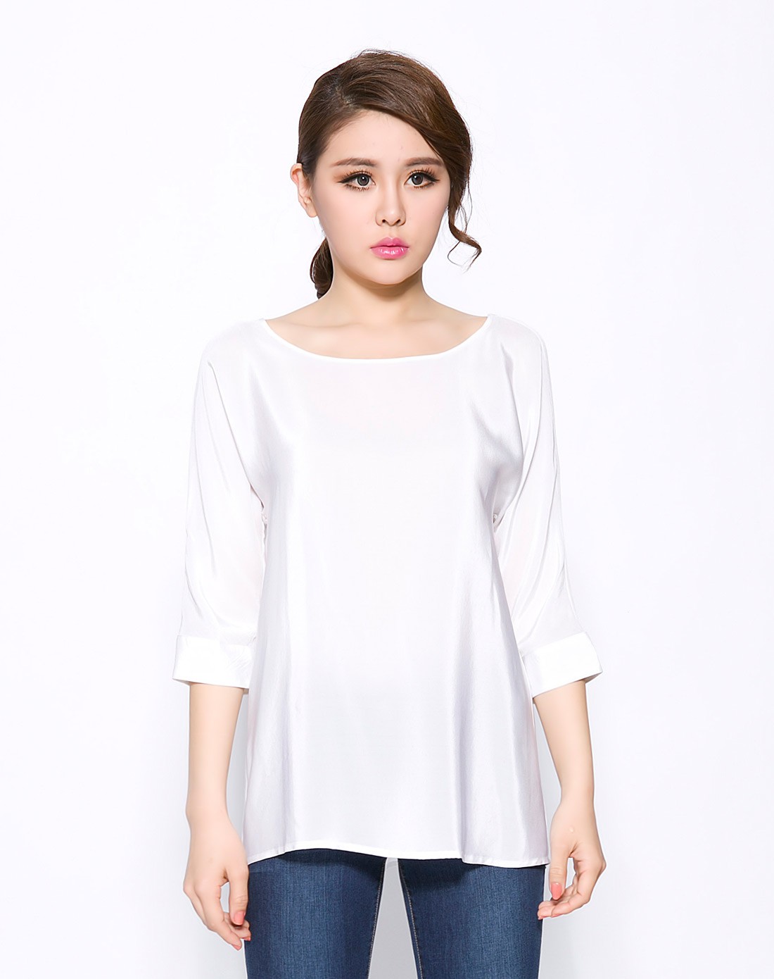 真丝白色韩版显瘦后腰收皱短袖上衣