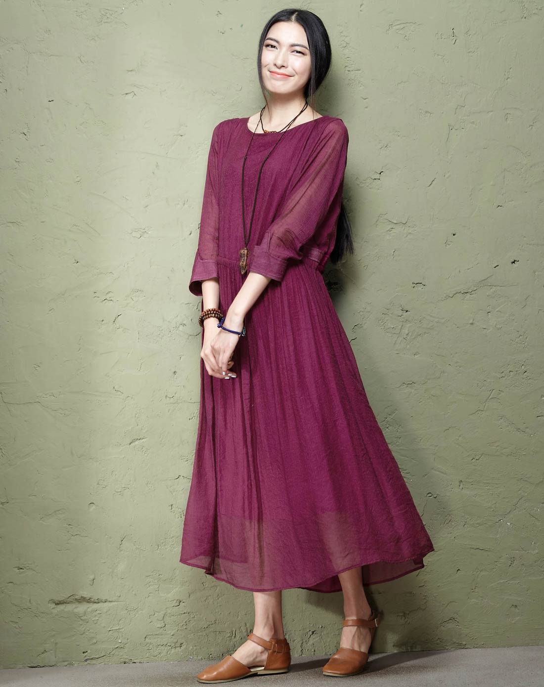 呼应 文艺宽松腰部褶皱抽绳连衣裙 复古紫