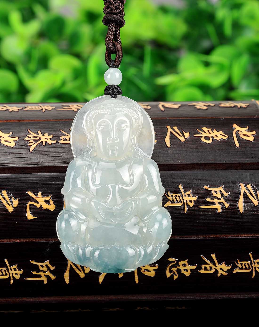天然a货翡翠冰糯种飘花永保平安观音吊坠
