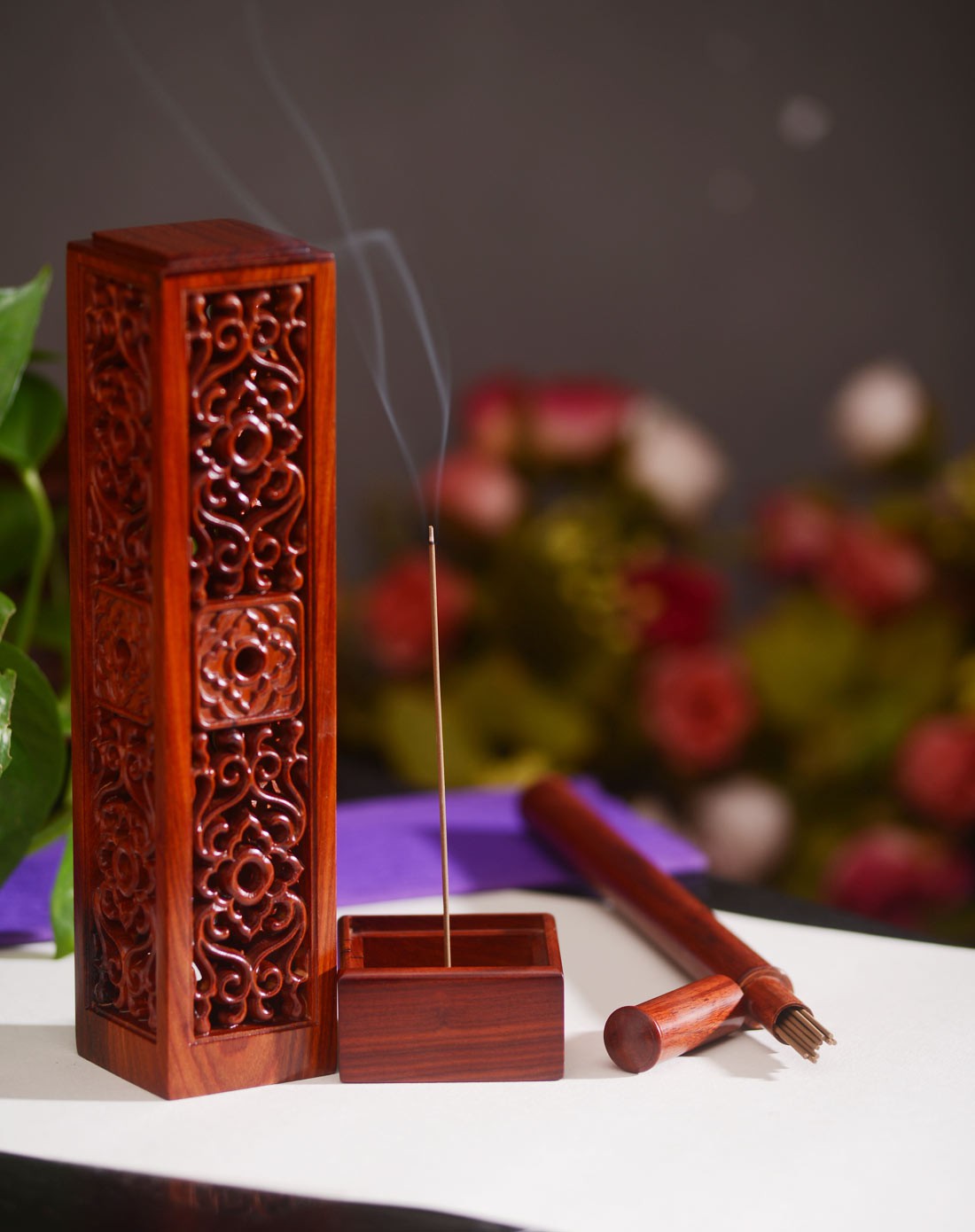 吉祥塔红酸枝香具二件套(加8g沉香)
