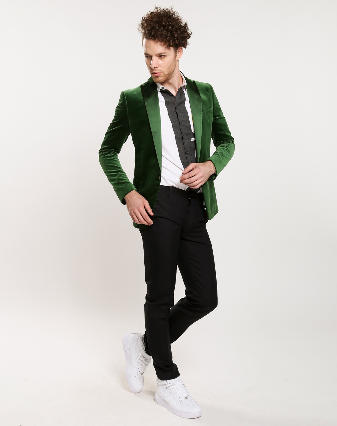 男款草绿色个性修身长袖西服