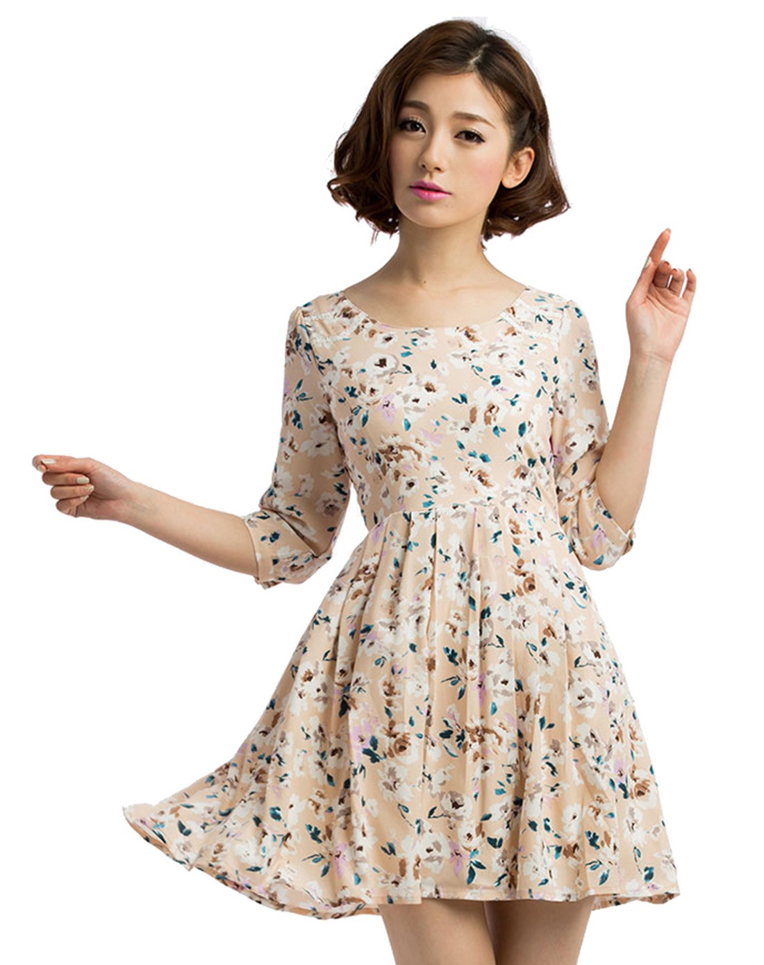 粉色碎花经典款式中袖连衣裙