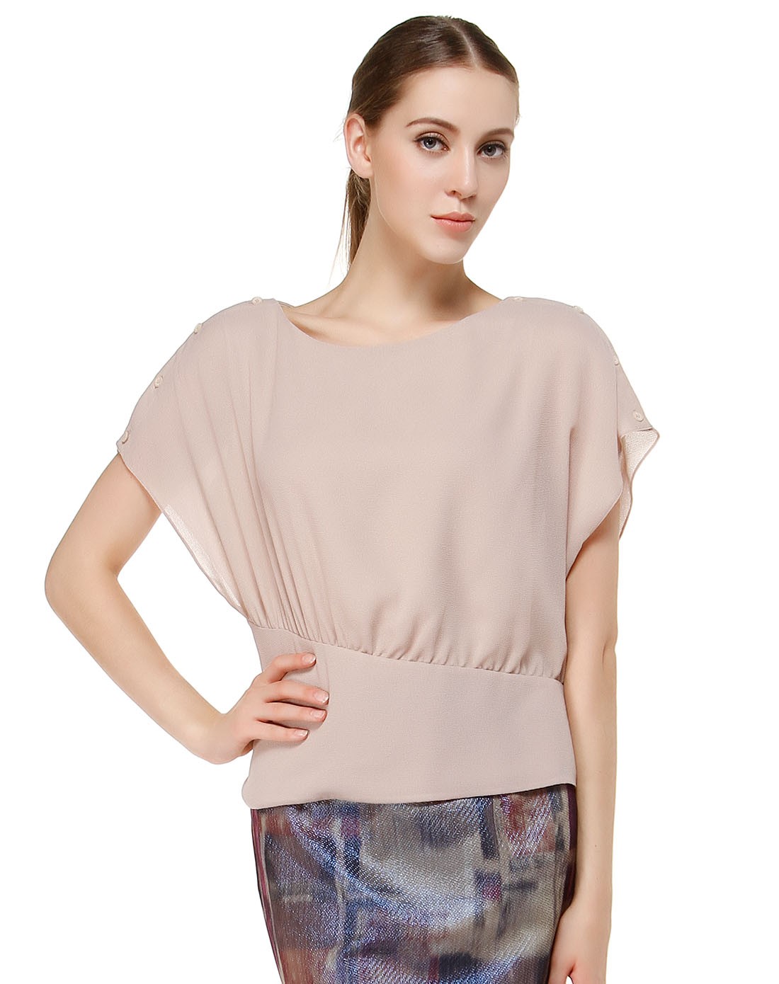 黄色圆领素雅盖肩袖上衣