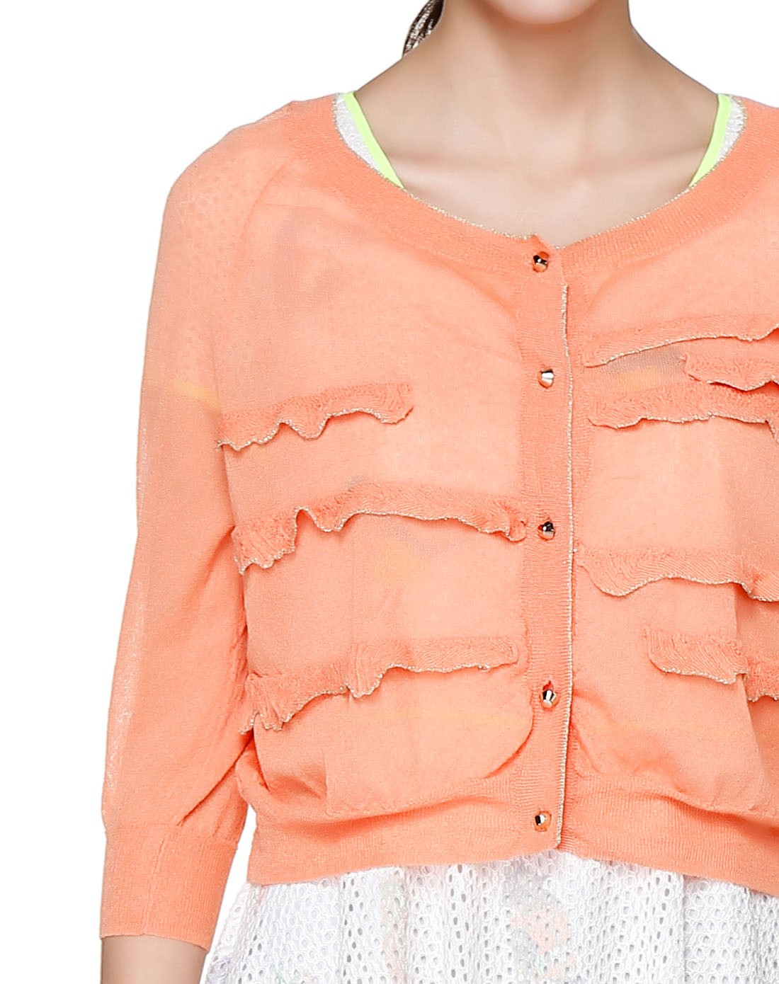 橙粉色休闲百搭开襟八分袖针织衫