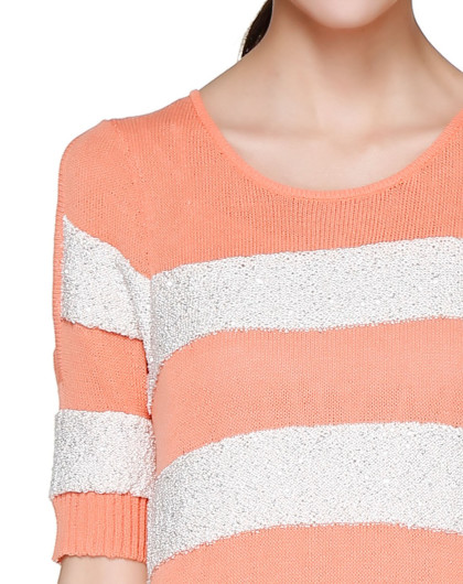 橙粉色淑女条纹中袖长款针织衫