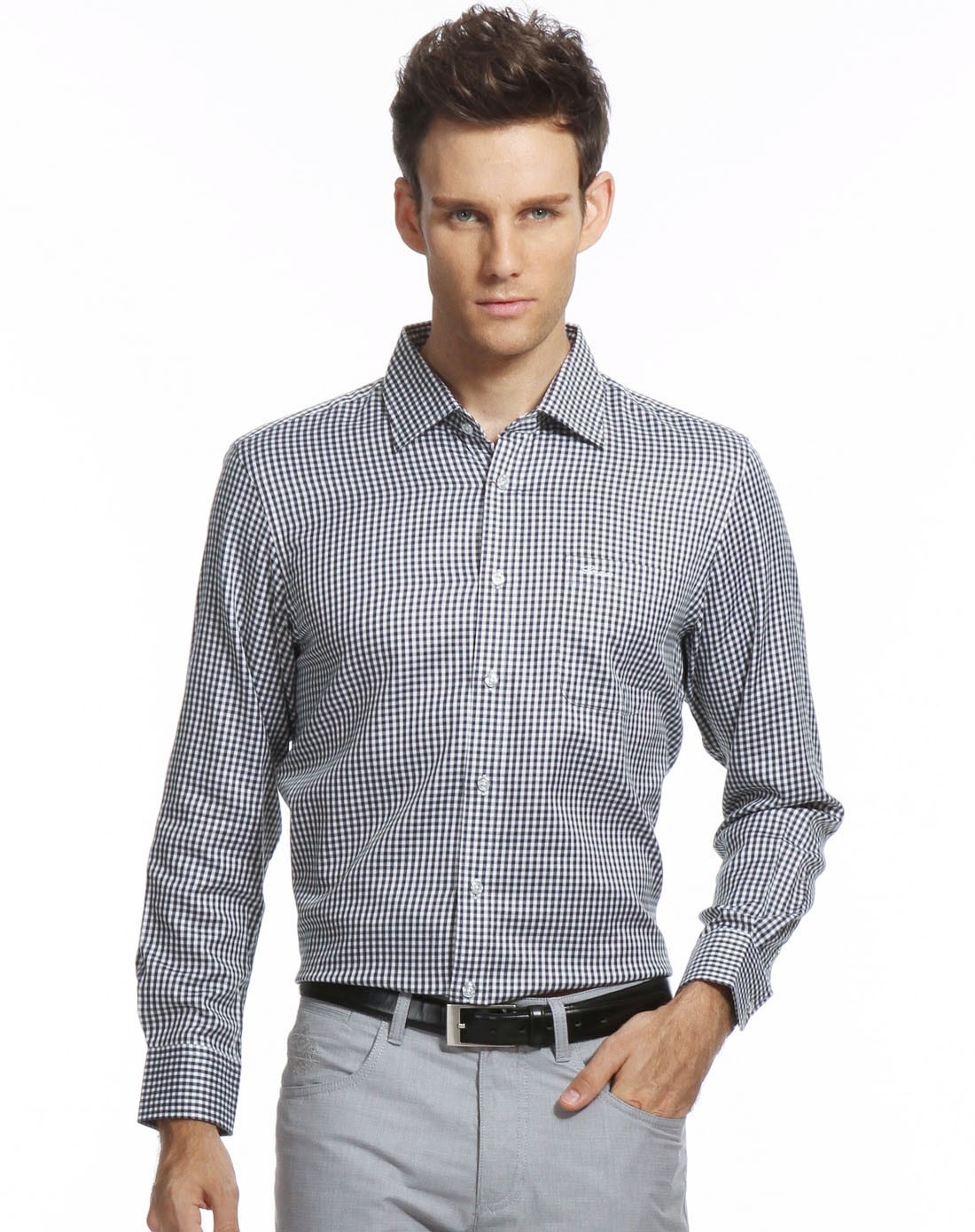 蓝白格英伦风休闲长袖衬衫