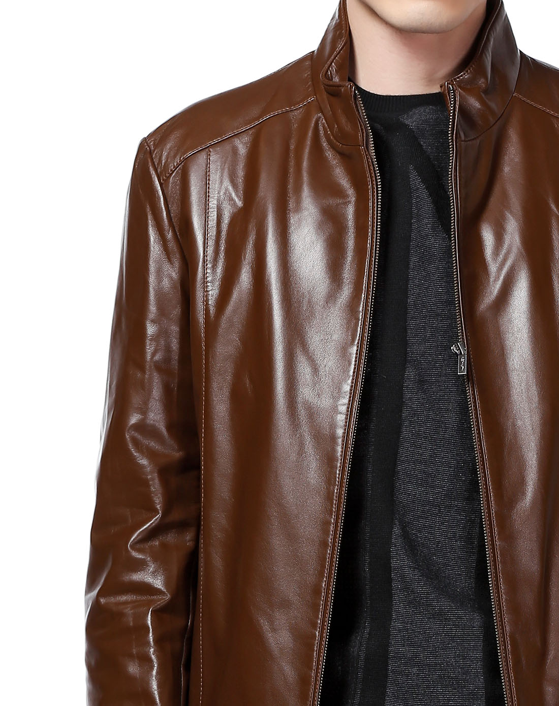 棕色潮流经典长袖皮衣