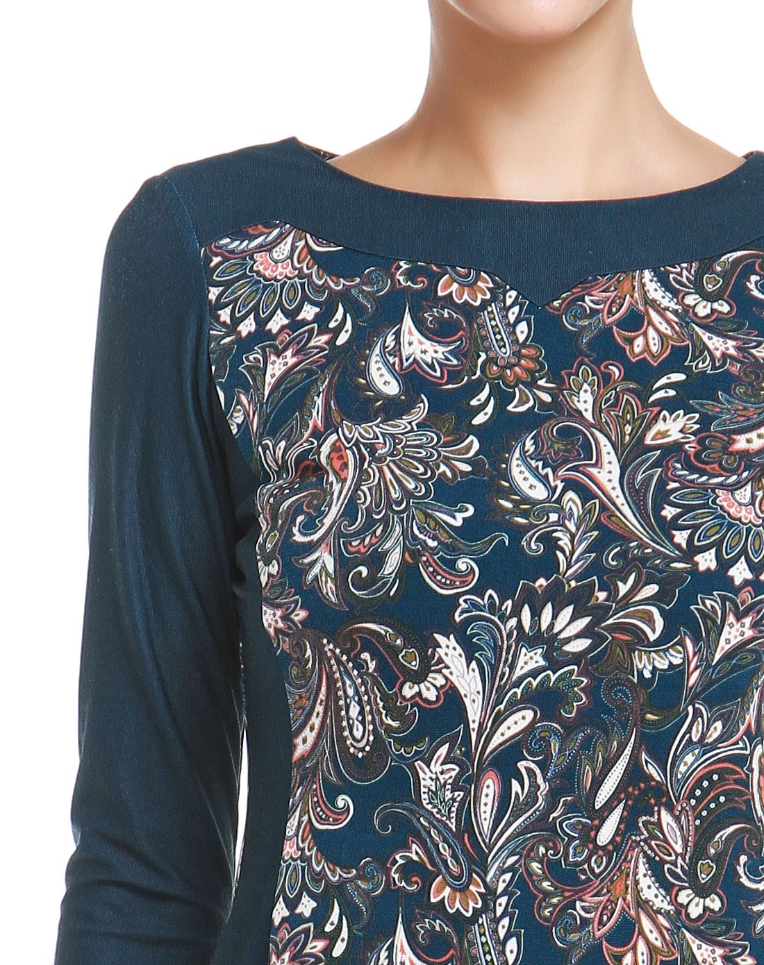 优雅魅力深蓝绿色佩斯利花纹长袖连衣裙