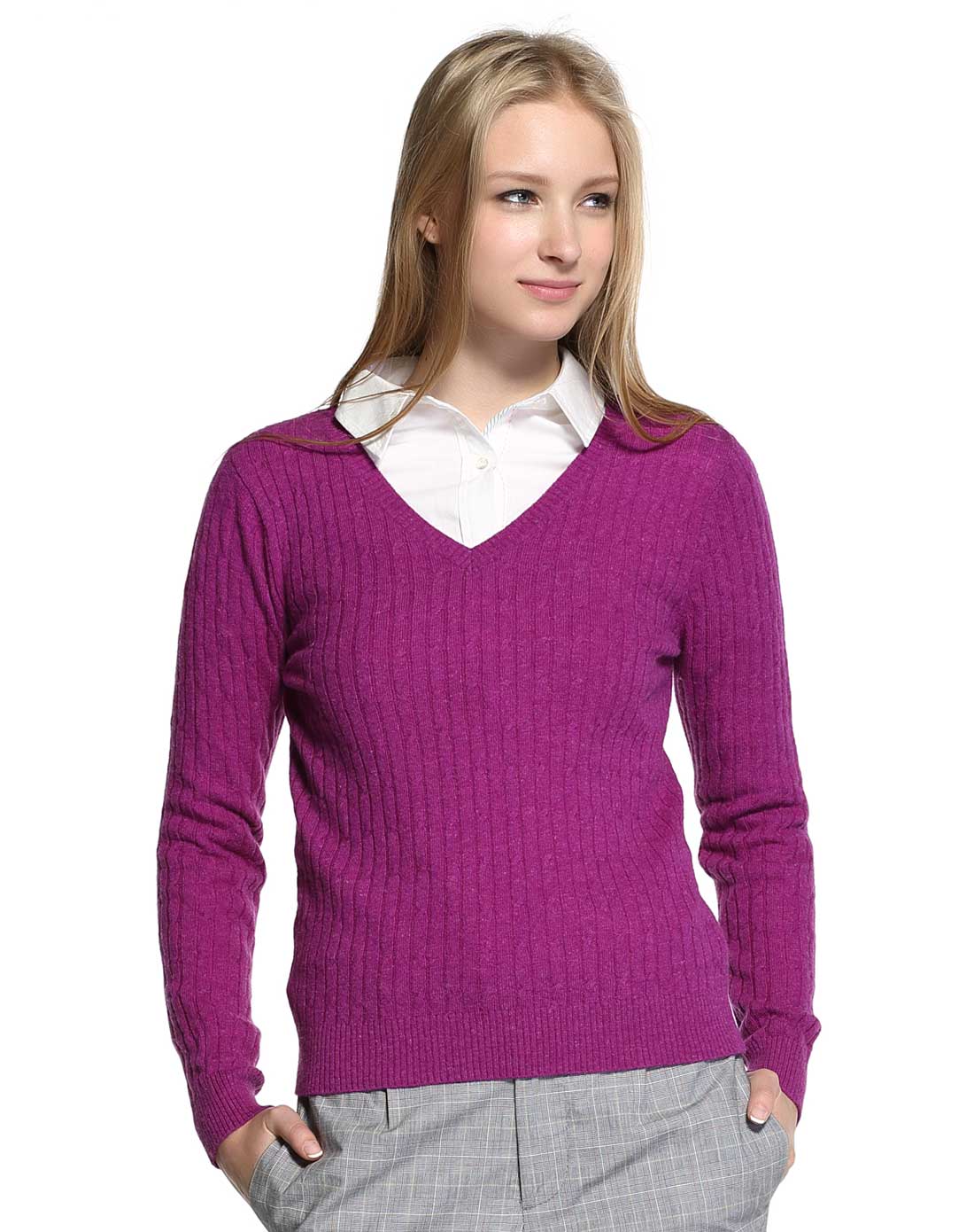 罗兰紫v领质感长袖毛衫