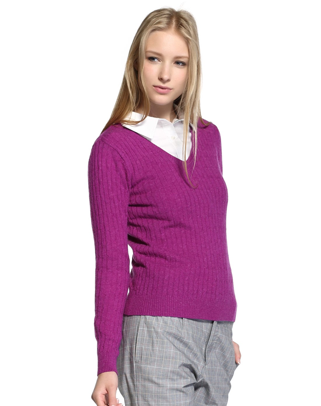 罗兰紫v领质感长袖毛衫