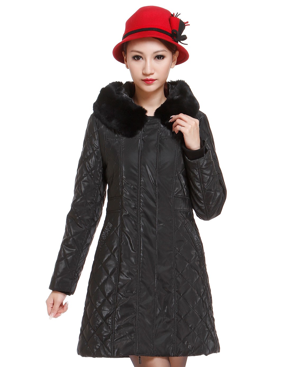 莱姿黑色简约连帽长袖长款棉衣wau1102ka_唯品会