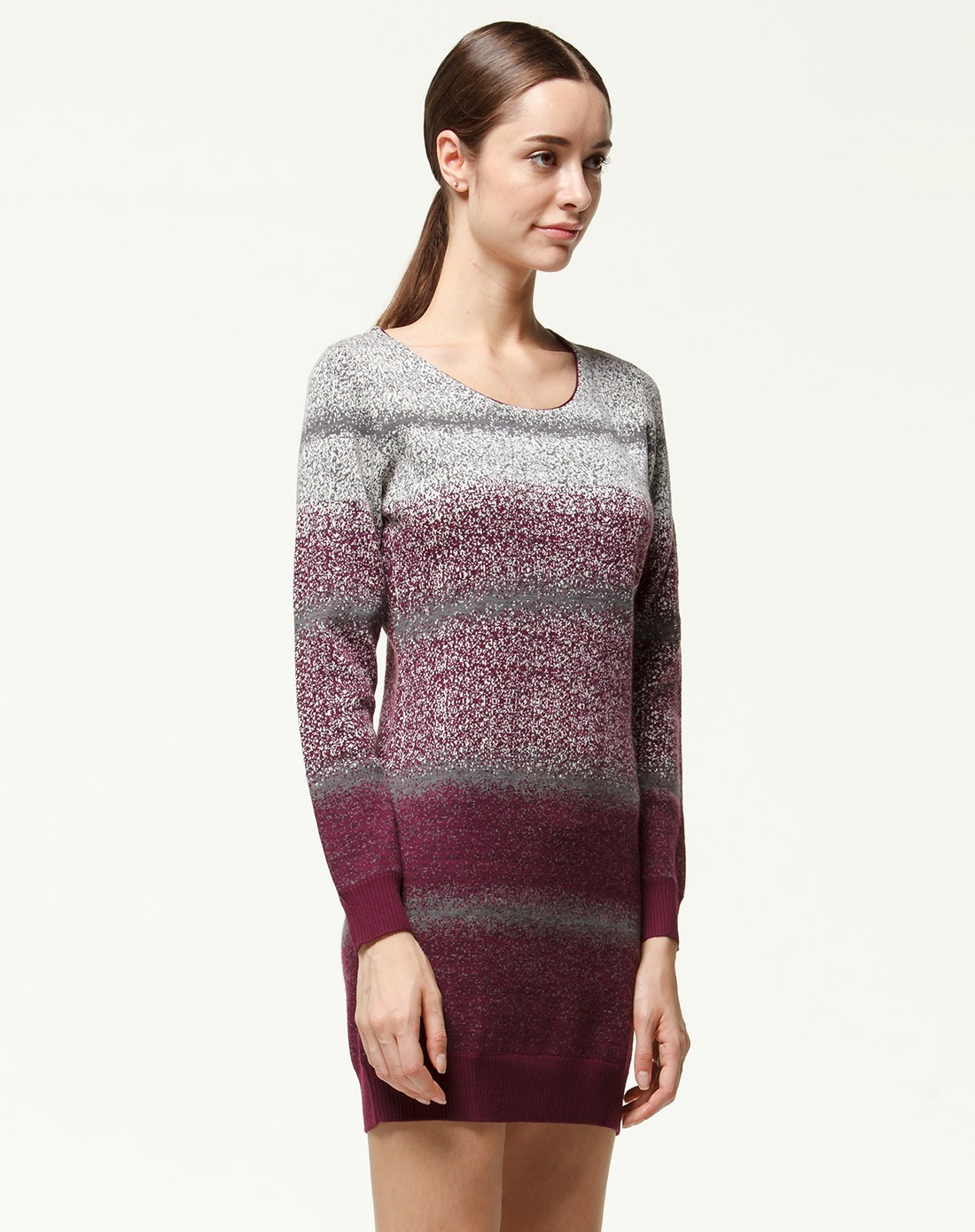 羊毛紫酱红芝麻点圆领套衫