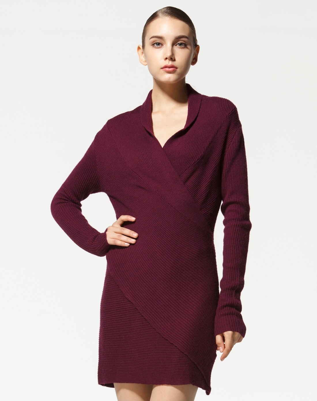 (特惠)羊毛紫酱红色时尚修身套衫