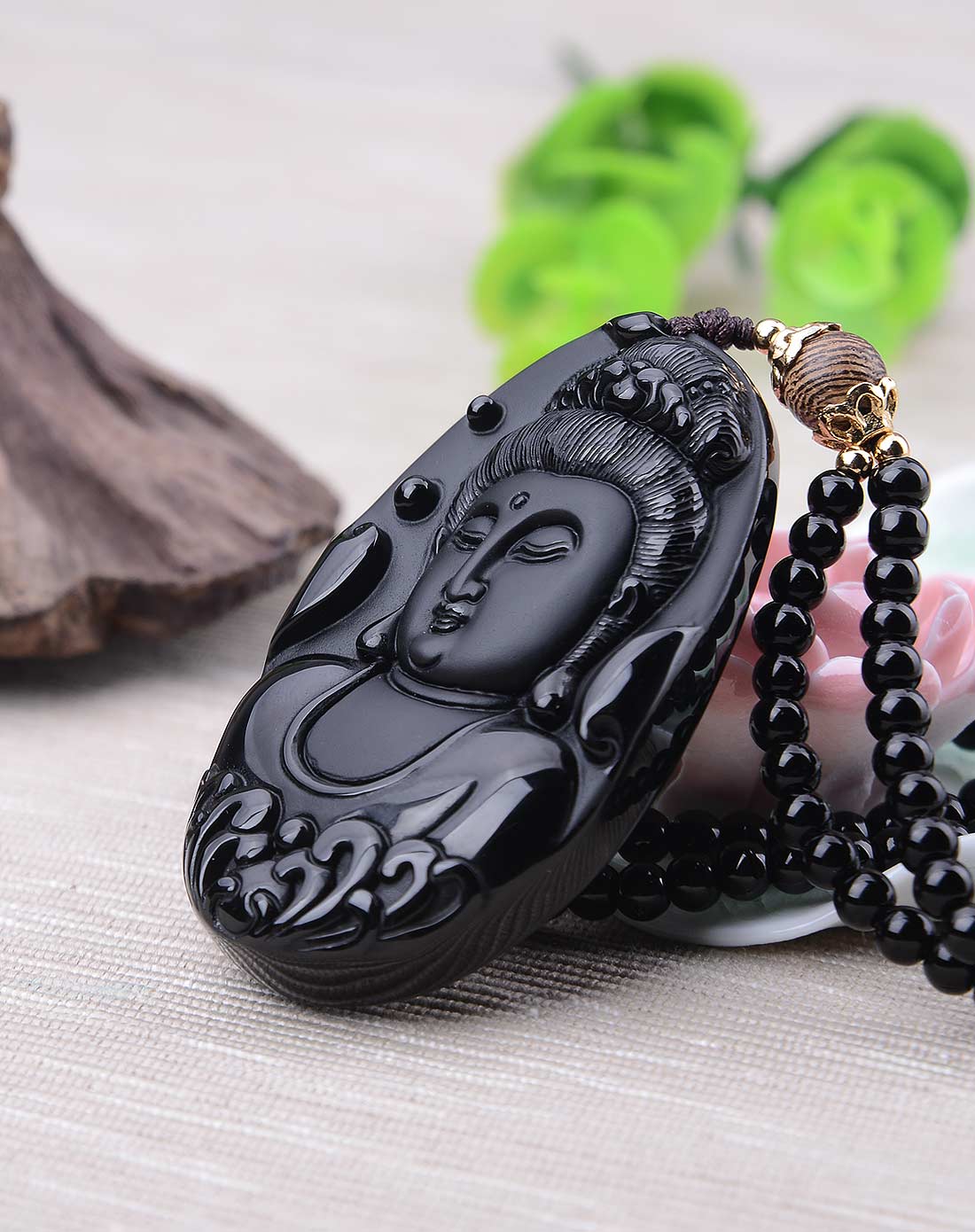 黑曜石观音佛首吊坠 (附证书)