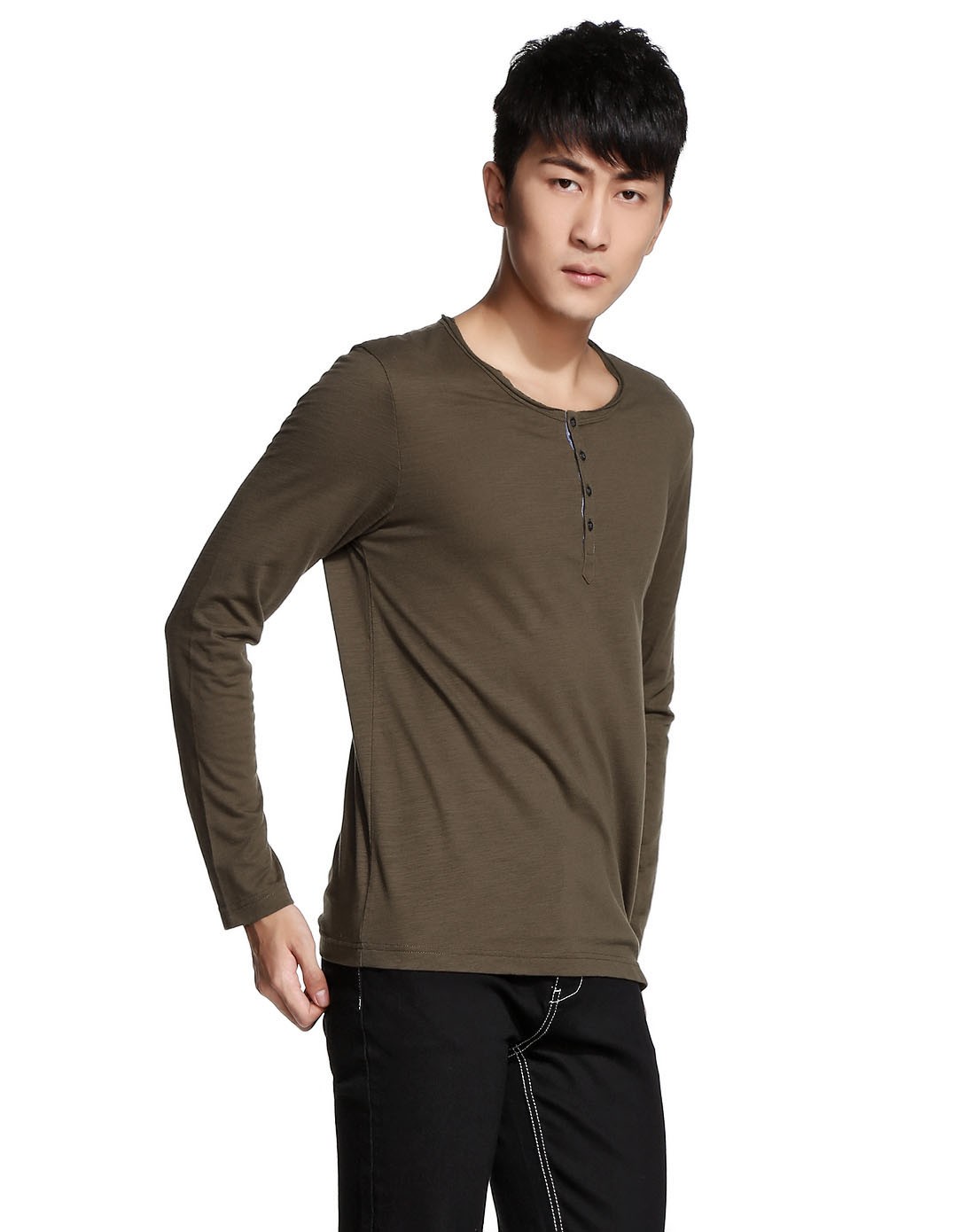 优雅简洁绿咖啡色圆领长袖t恤