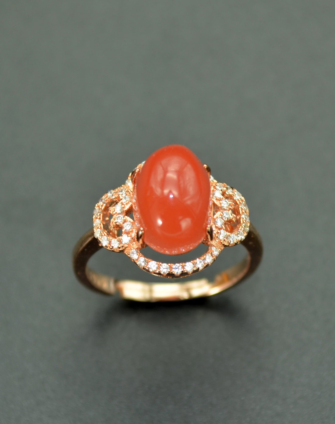 s925银南红玛瑙如意戒指玫瑰金